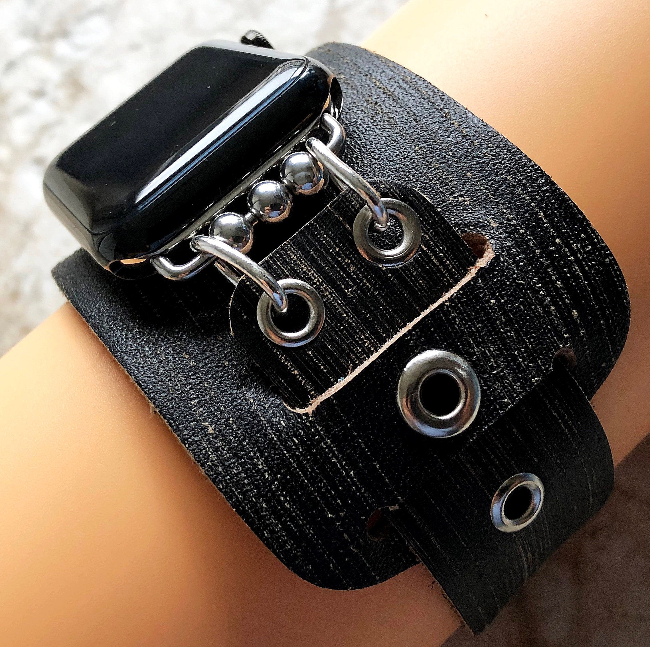 Apple Watch Cuff Black Brushed Genuine Leather Band for iWatch Ultra 2 49mm and 9 8 Series 41mm 45mm Case Handmade Strap Bracelet Wristband